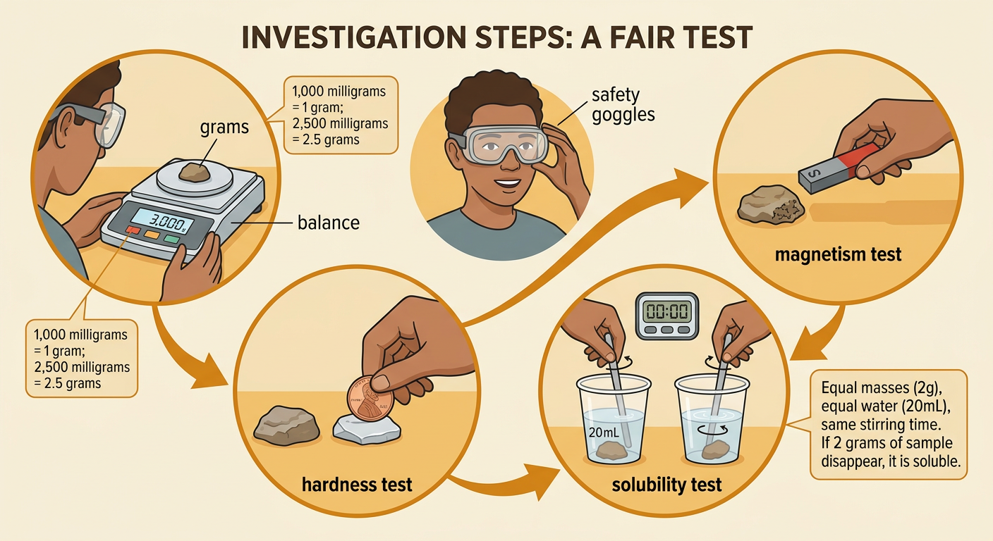 One mystery sample moves through four fair tests using a balance, magnet, penny, and cup of water.