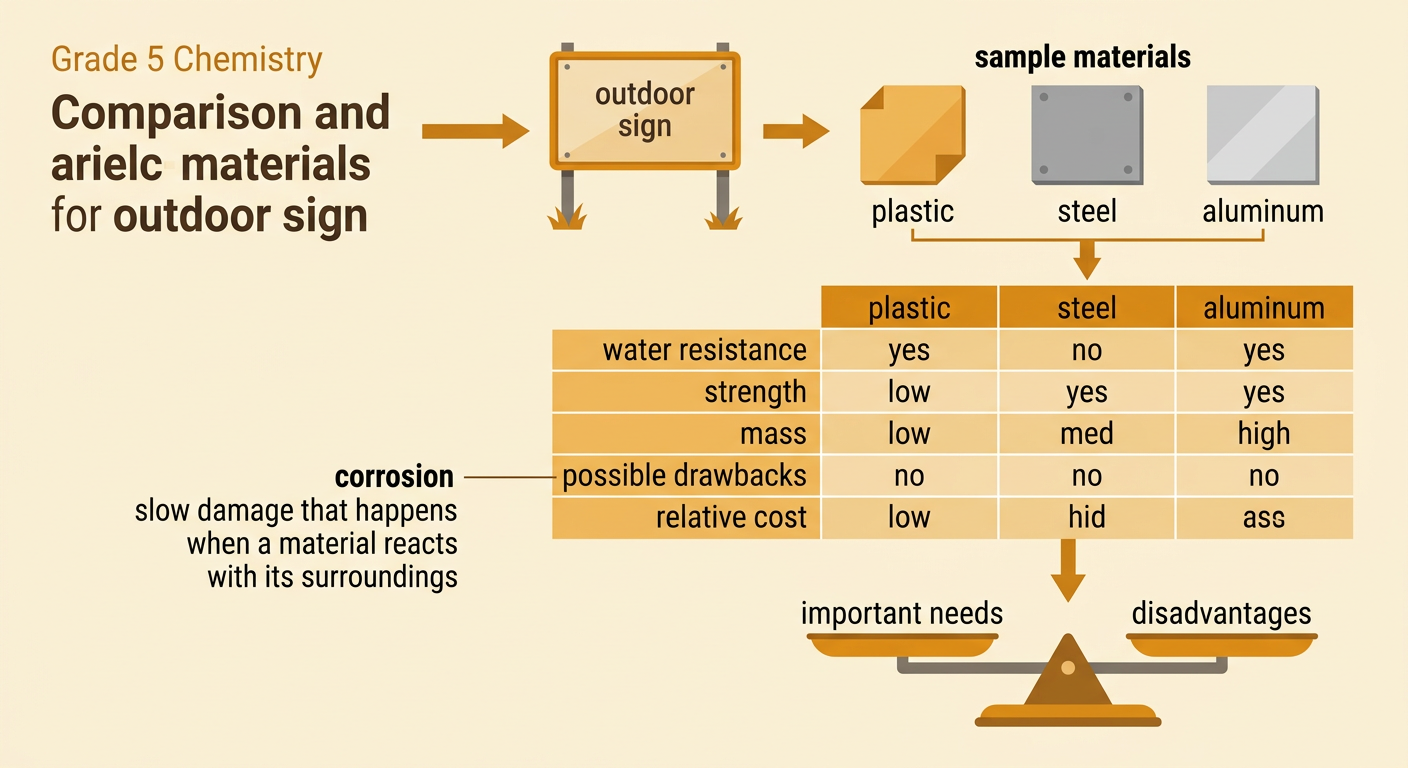 An outdoor sign is shown with plastic, steel, and aluminum options compared for weight, strength, cost, and weather resistance.