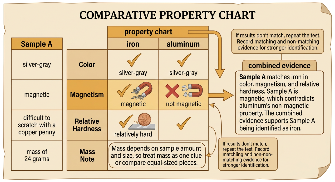 Sample A is matched to iron by comparing its test results with iron and aluminum on a property chart.