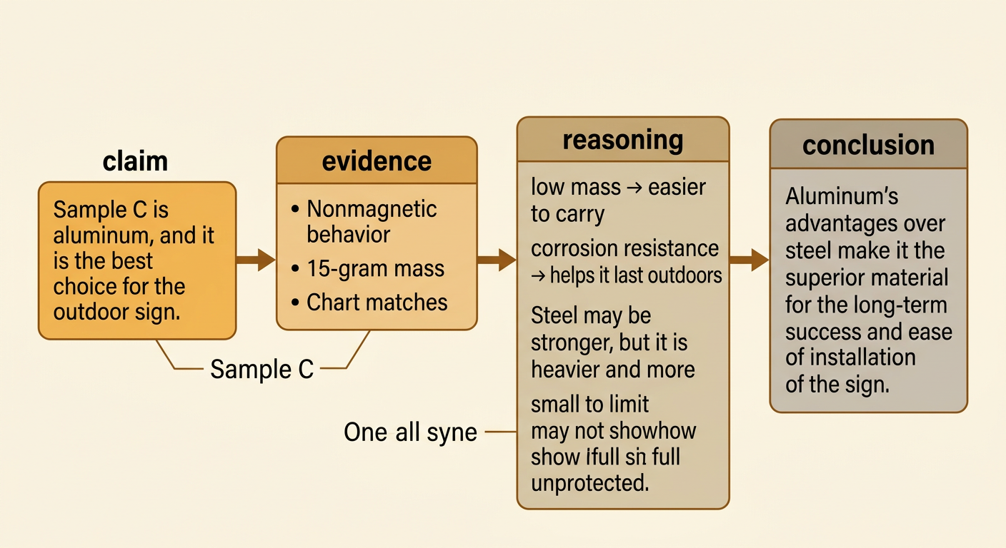 A written explanation connects Sample C test results to an aluminum outdoor sign recommendation.