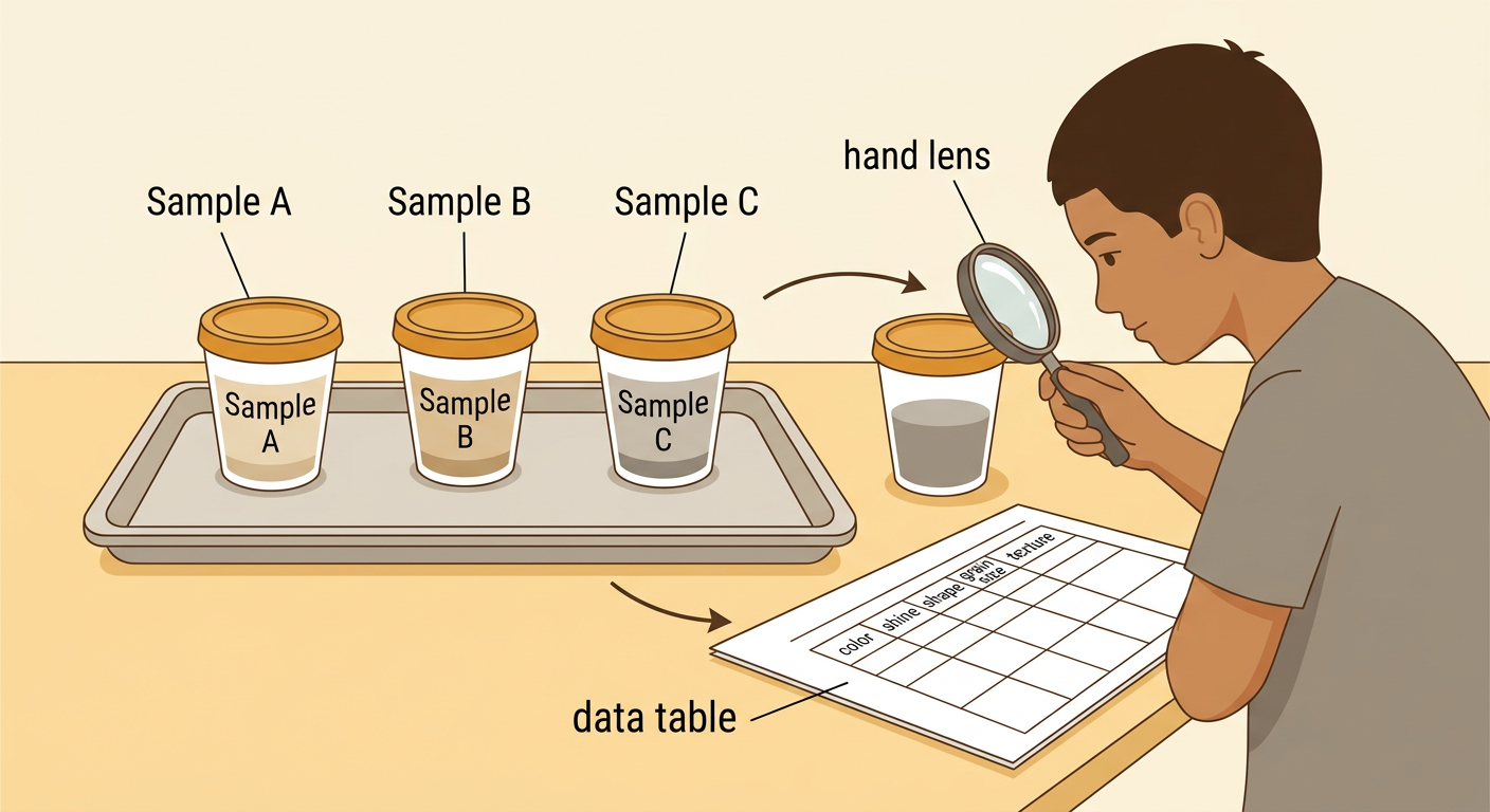 Three lettered mystery samples are examined with a hand lens beside an organized recording table.