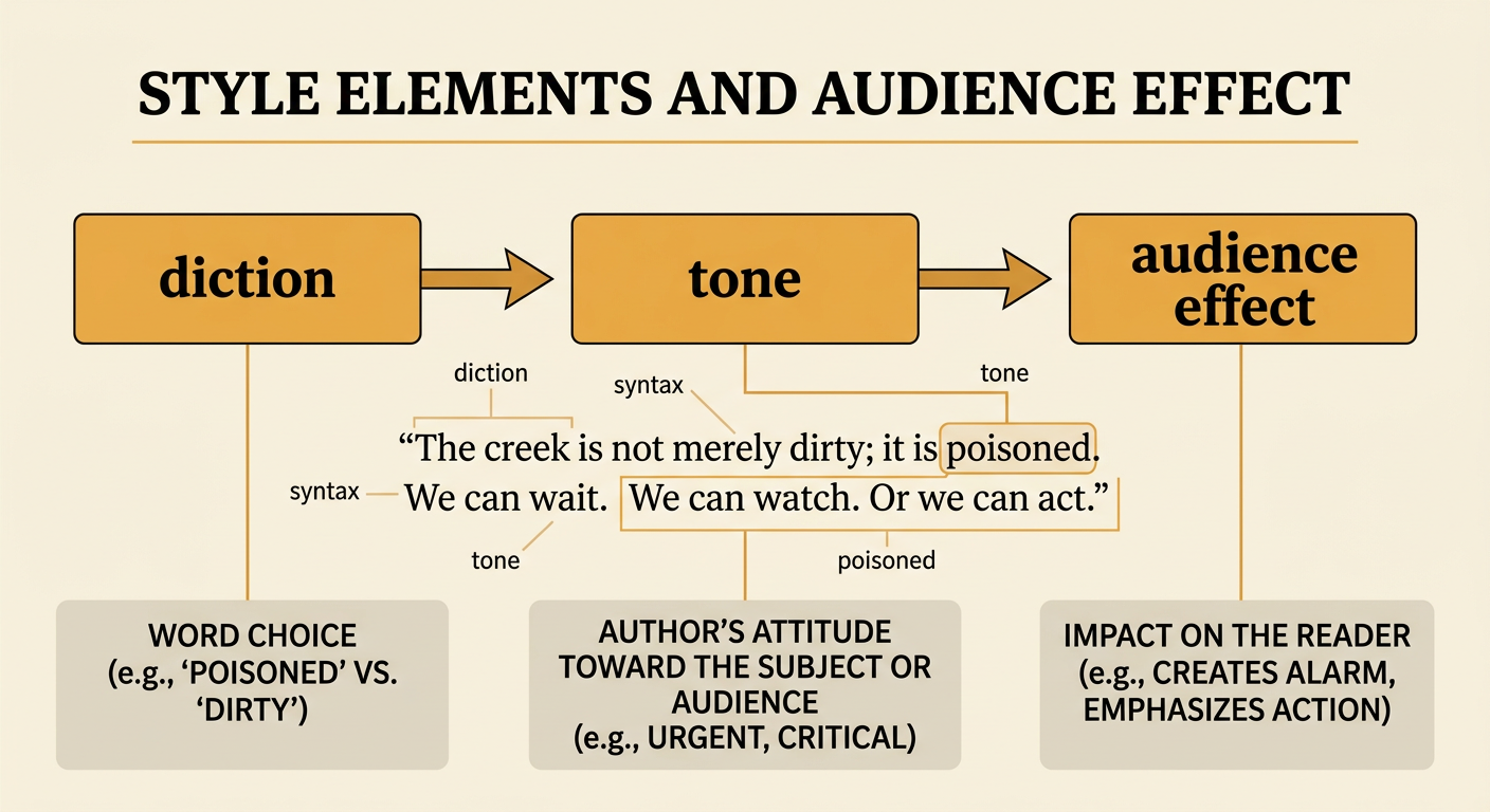 An annotated creek warning shows how one charged word and three short sentences create an urgent attitude.