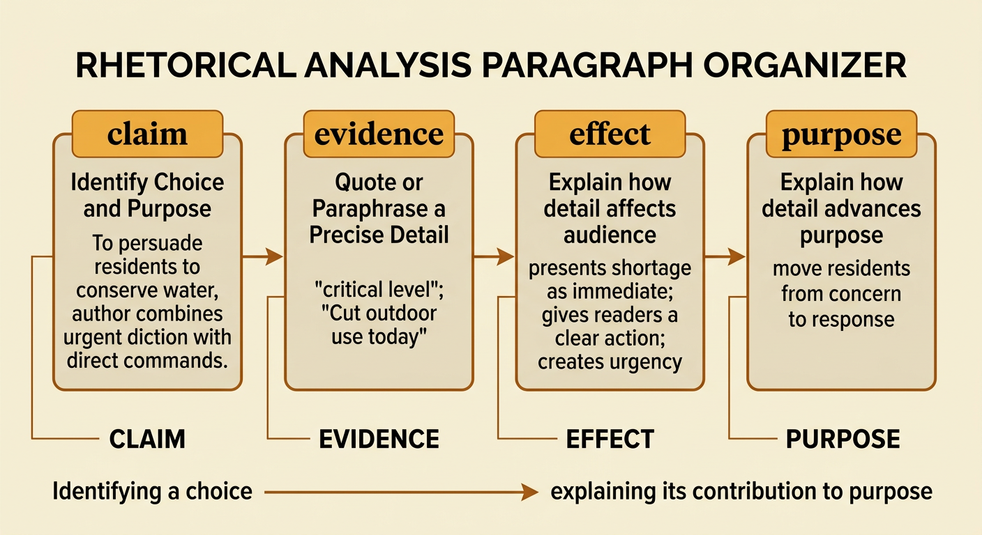A model water-conservation paragraph is organized into a claim, quoted details, audience effects, and the author’s goal.