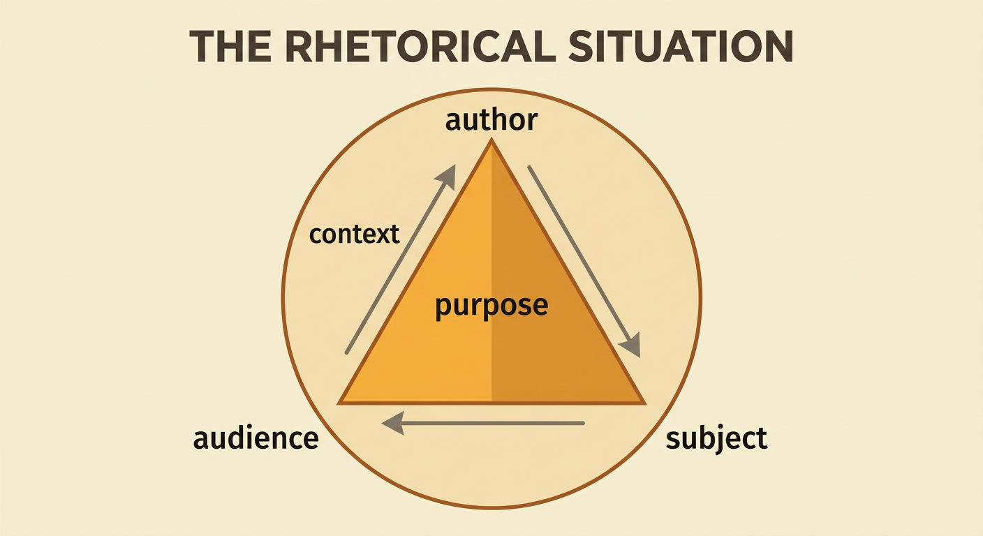 A rhetorical situation diagram connects a writer advocating later school start times with school officials and the goal of changing the schedule.