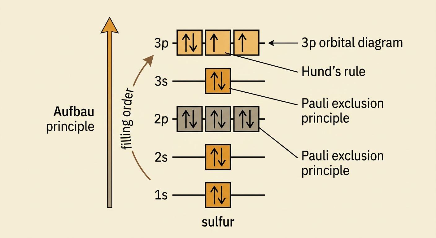 A sulfur electron configuration is paired with a 3p orbital diagram showing one pair and two single electrons.