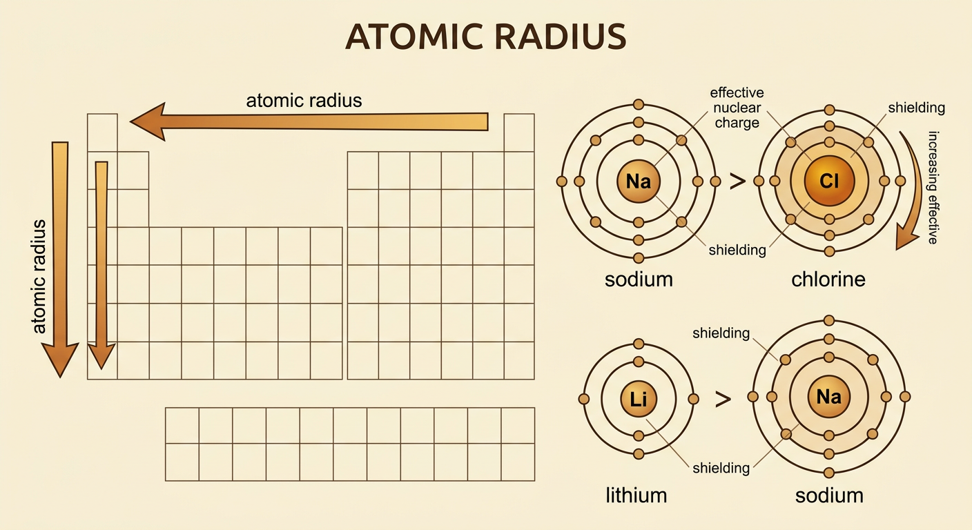 Arrows on a periodic table show atomic radius decreasing across a period and increasing down a group, with size comparisons for sodium, chlorine, and lithium.