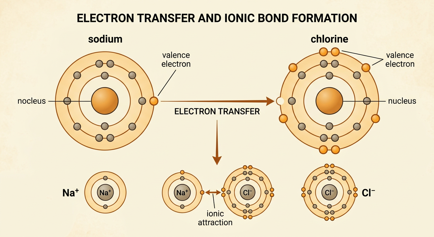 A shell diagram shows sodium transferring its outer electron to chlorine and forming oppositely charged ions.