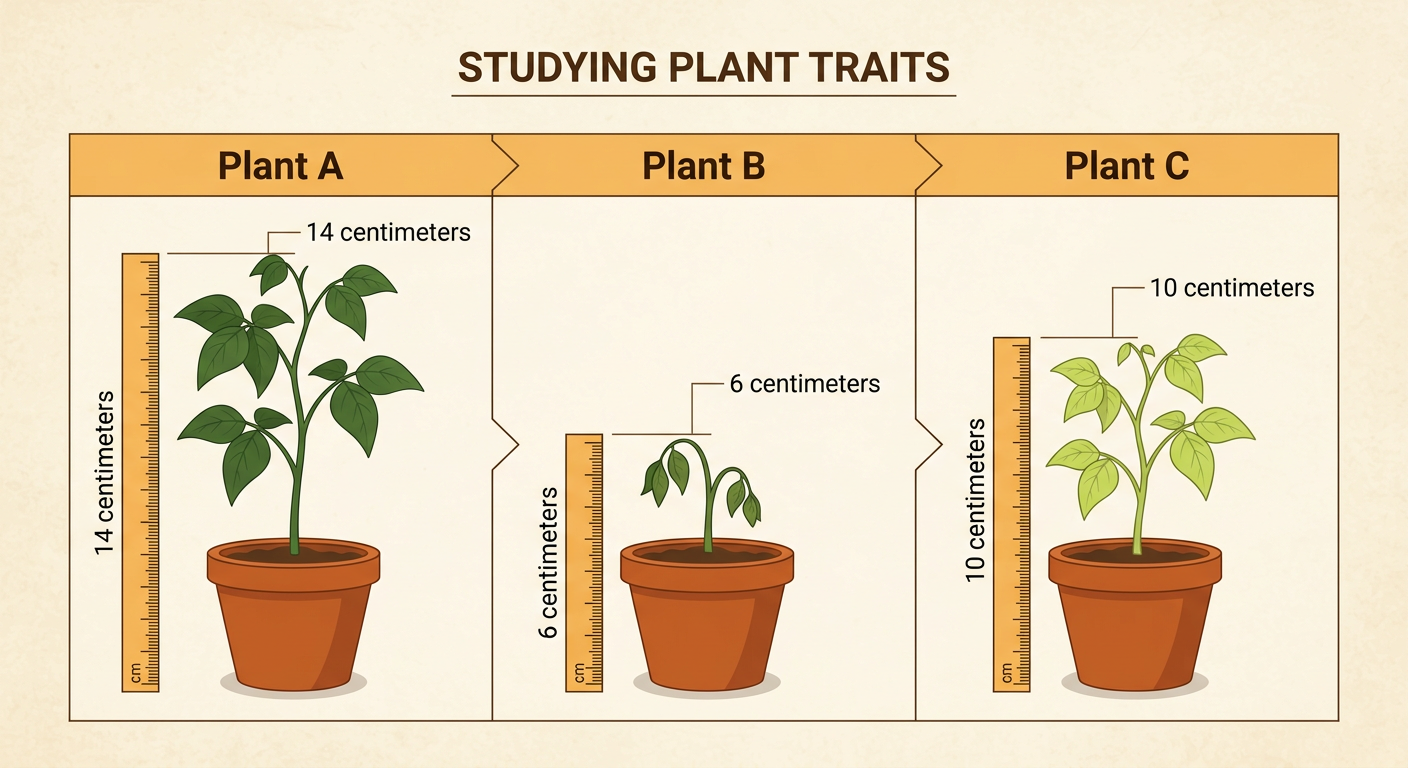Three bean plants stand beside centimeter rulers, showing different heights, colors, and leaf sizes after two weeks.