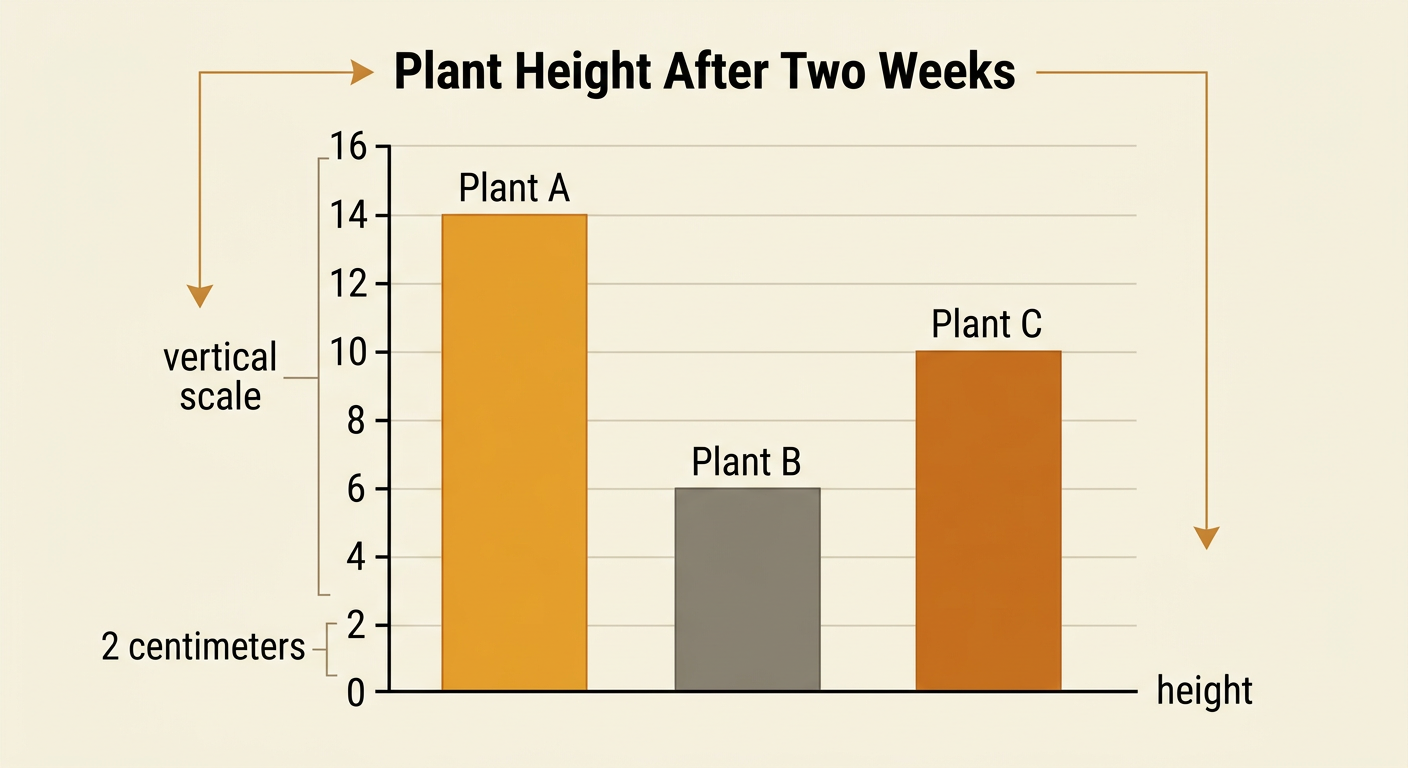 A scaled bar graph compares the heights of the three bean plants after two weeks.