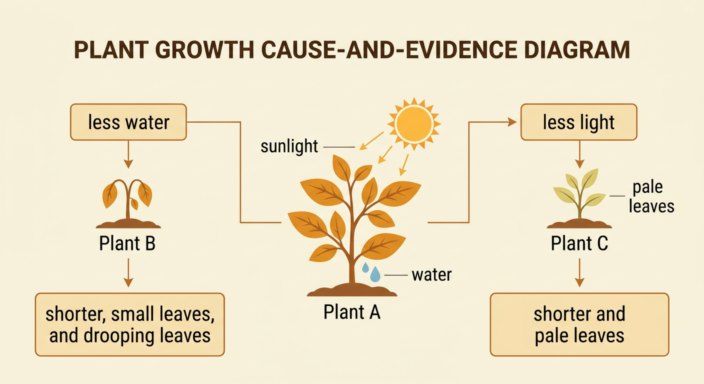 A cause-and-effect diagram connects reduced water and reduced light to changes in bean plant traits.