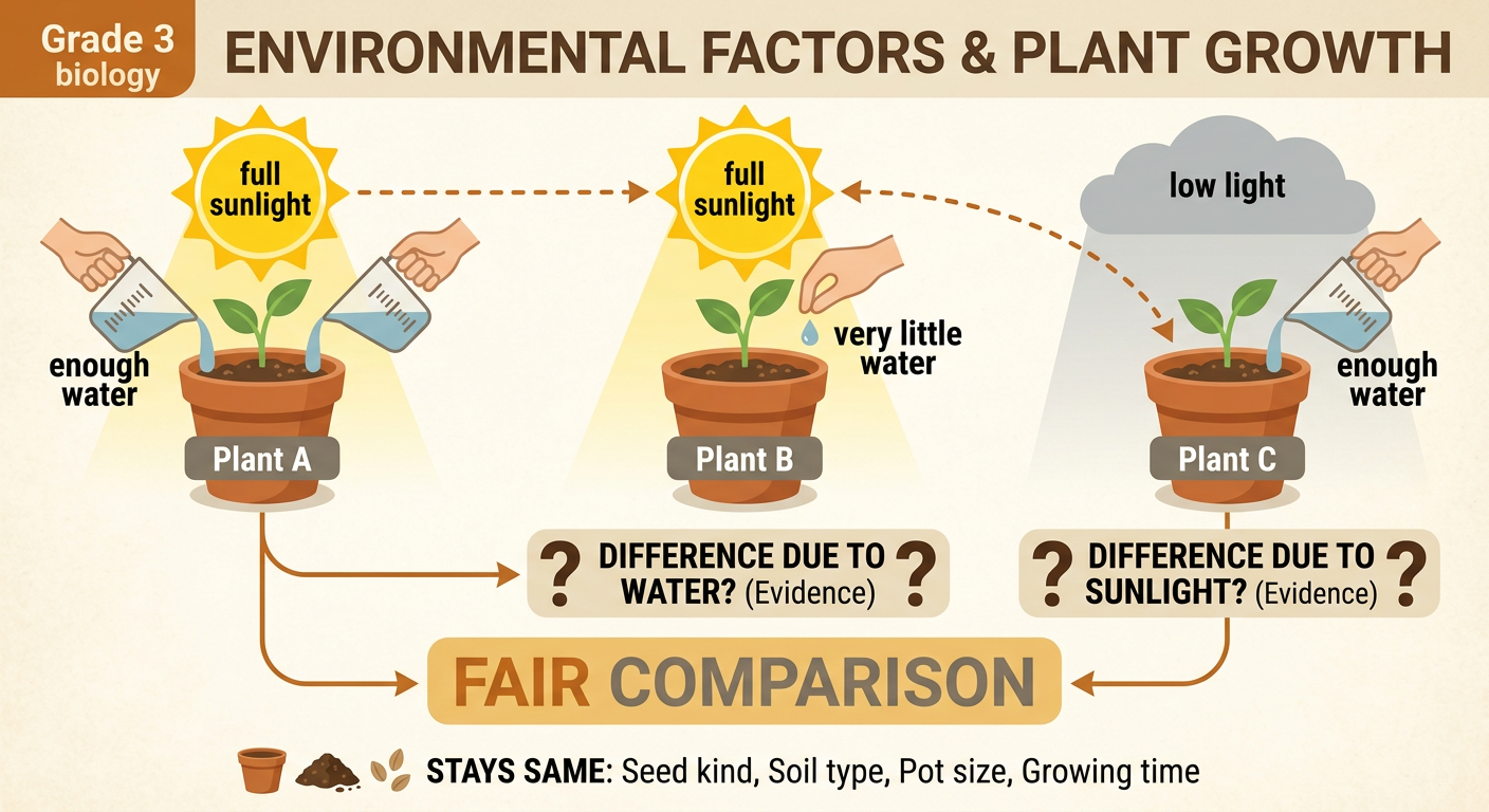 Three matching potted bean plants show how sunlight and water were changed one condition at a time.