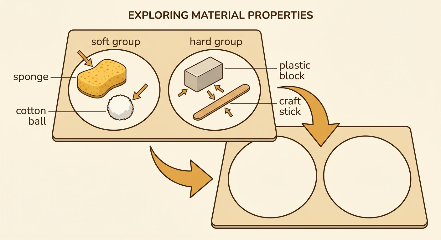 Four classroom objects are arranged into a soft group and a hard group on a sorting mat.