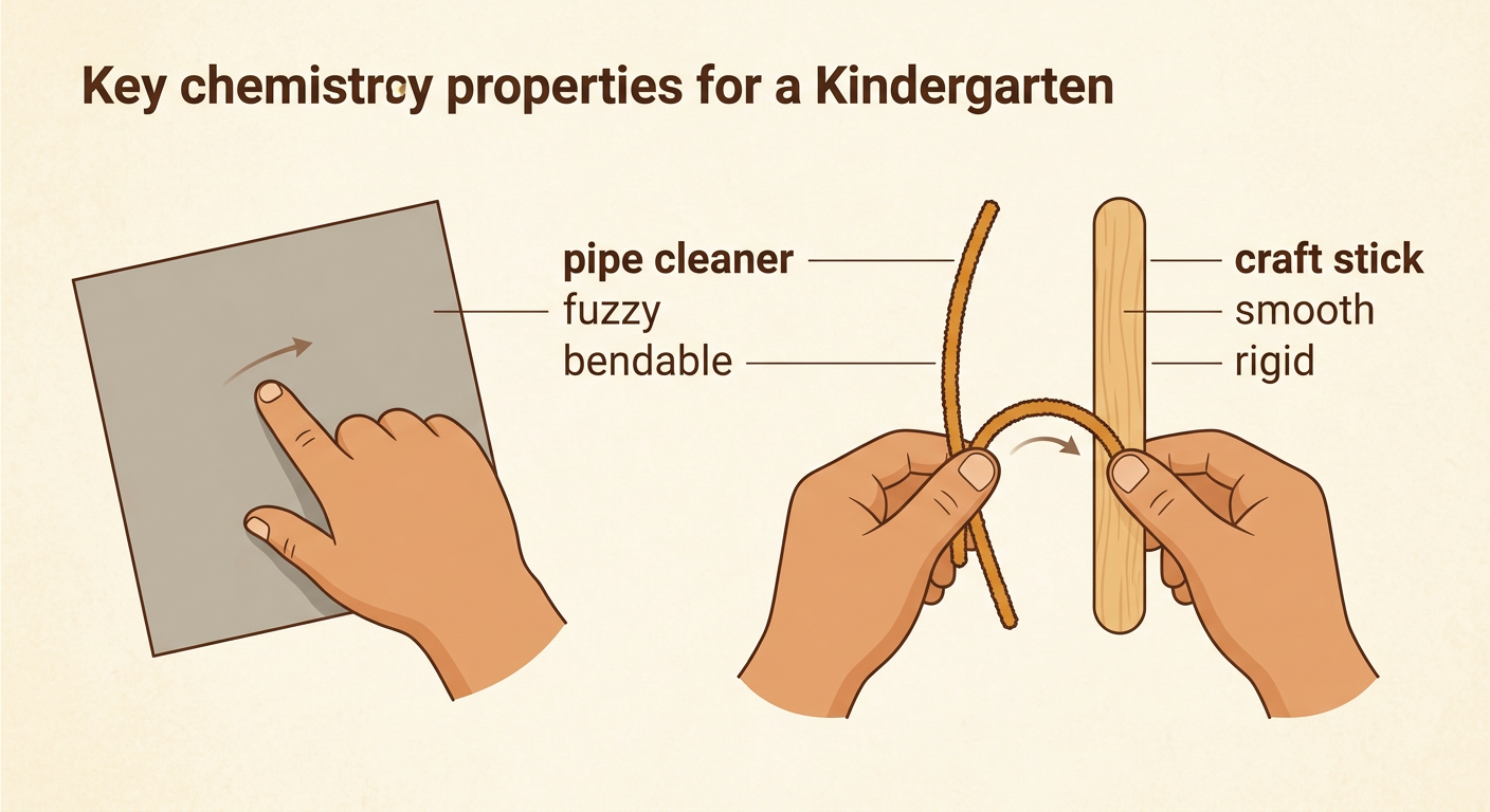 A fuzzy pipe cleaner bends beside a straight, smooth wooden craft stick during gentle tests.