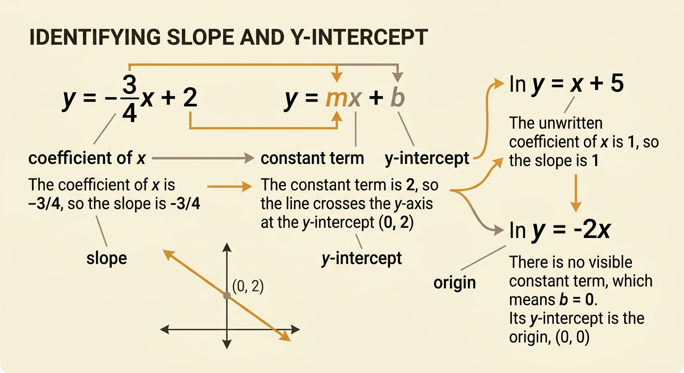 Three color-coded equations identify each coefficient of x, constant term, slope, and y-intercept.