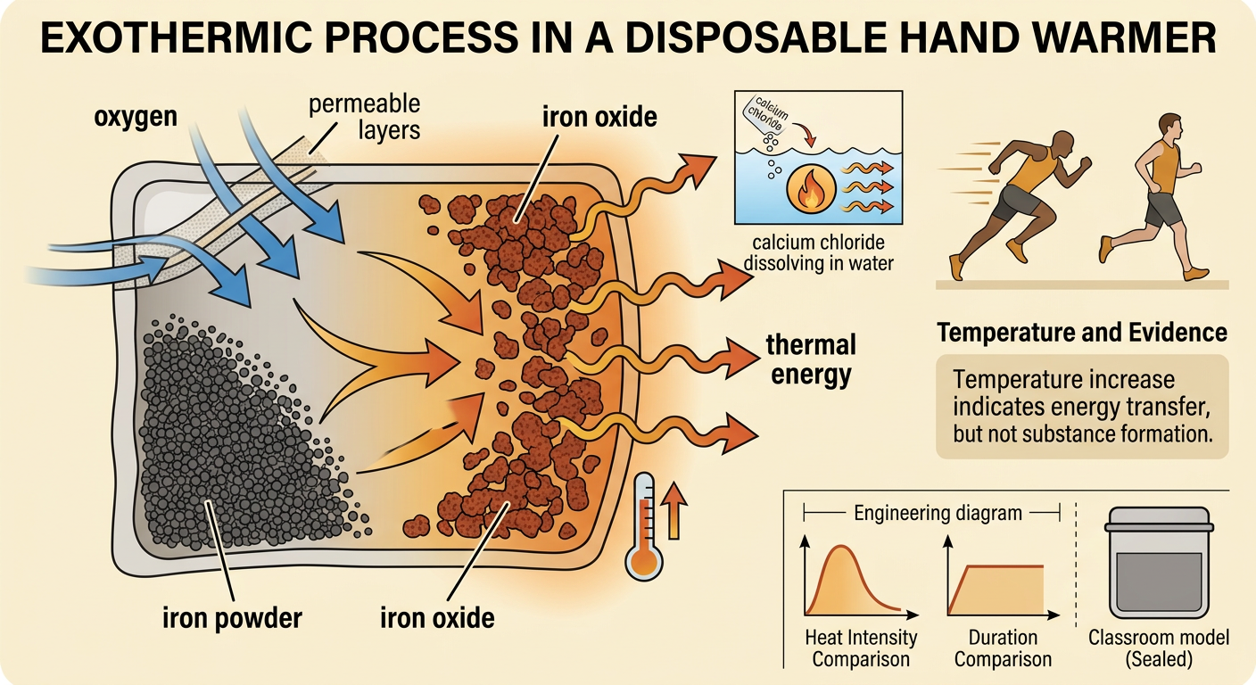A sealed hand-warmer pouch diagram shows iron reacting with oxygen as a thermometer rises.