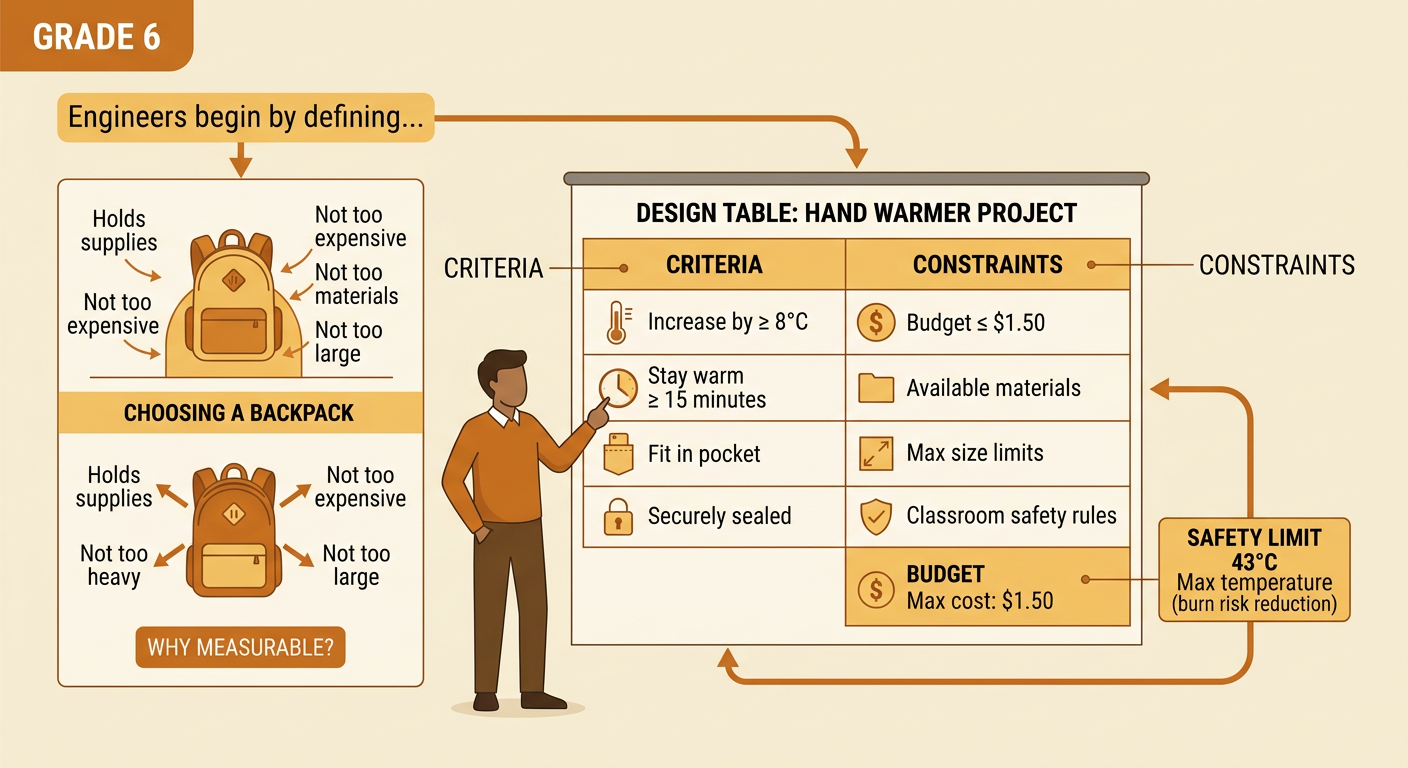 A design table lists measurable goals and limits for a safe, effective hand warmer.