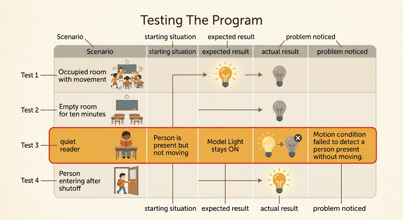 A test table records results for movement, an empty room, a quiet reader, and a person entering.