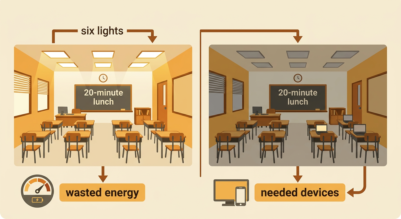 An empty classroom during lunch has six ceiling lights on while a clock shows a 20-minute lunch period.