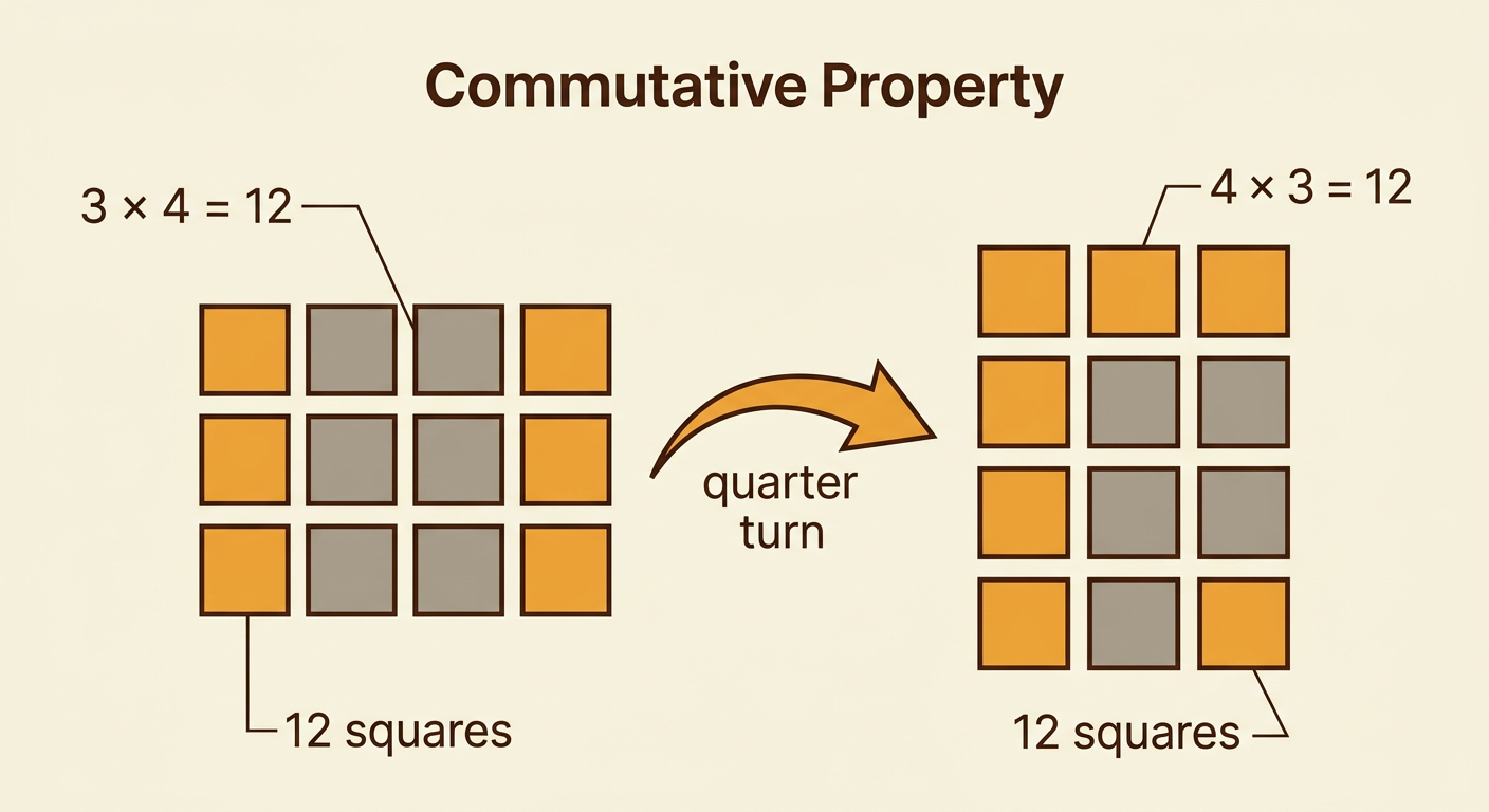 A three-by-four square array turns one quarter turn into a four-by-three array, with both equations shown.