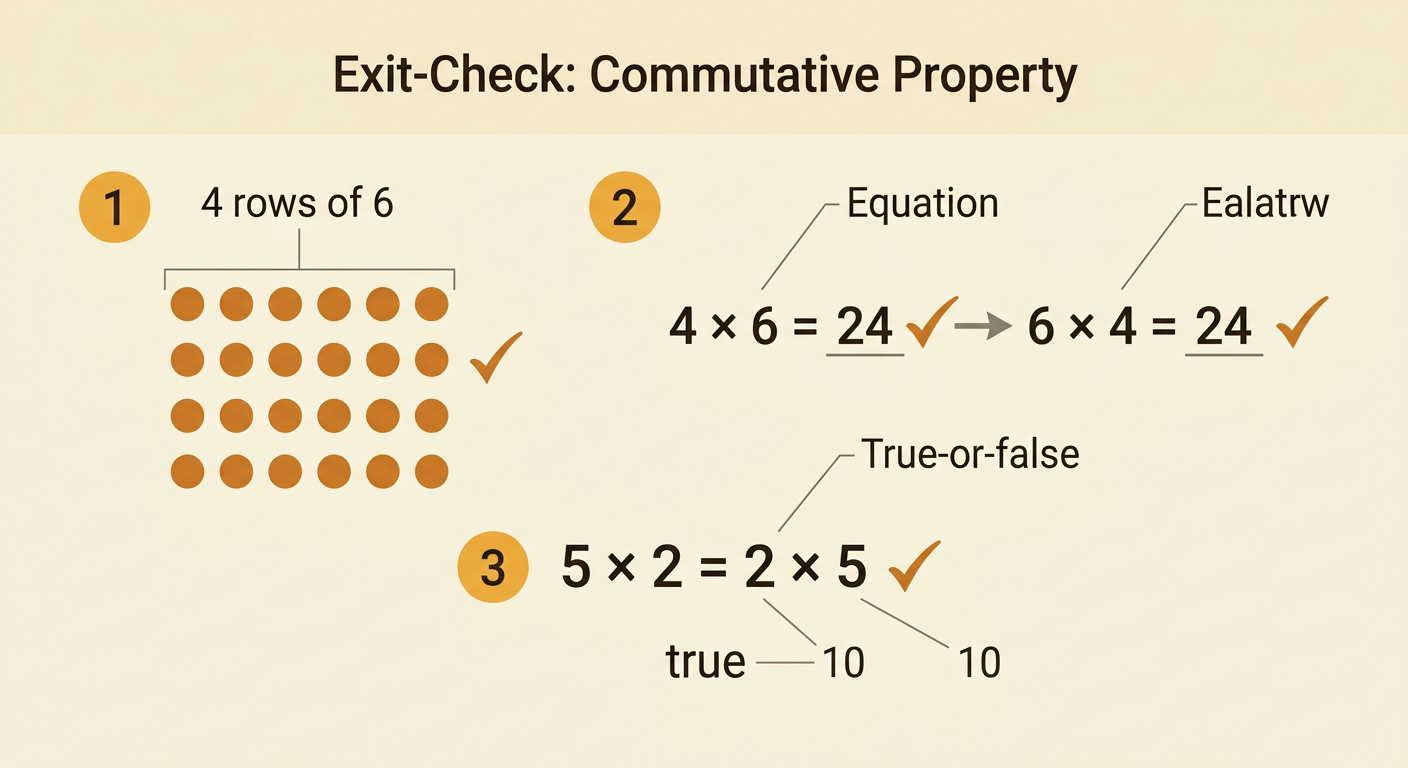 A four-by-six dot array appears with its related equation and a true equation comparing five times two with two times five.