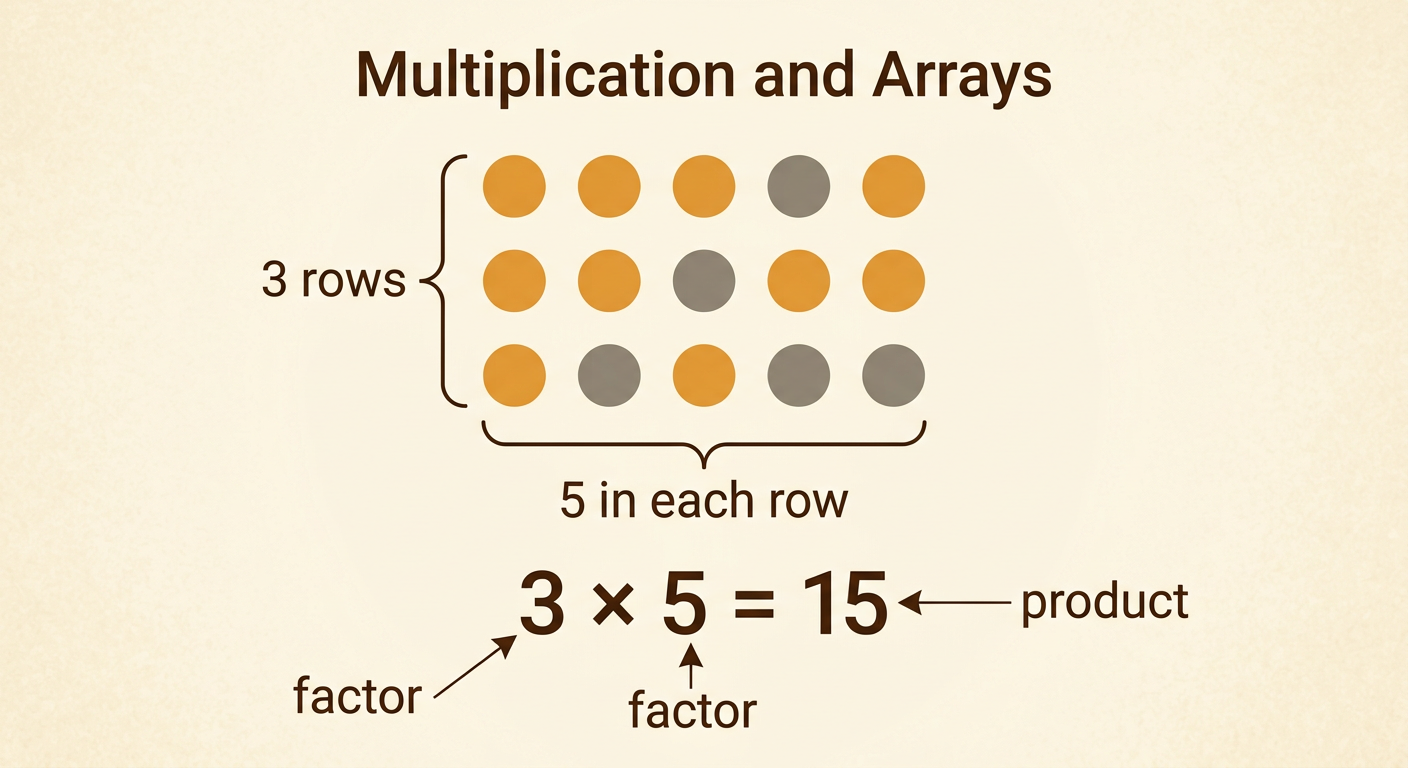 A three-by-five dot array appears beside its multiplication equation and repeated-addition equation.