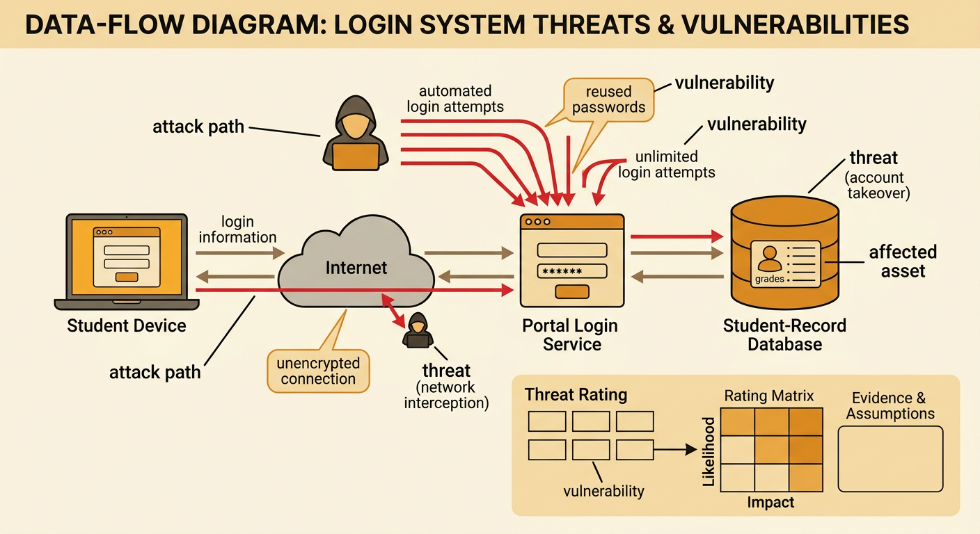 A data-flow diagram traces an attack path through a vulnerability to a threat and an affected asset.