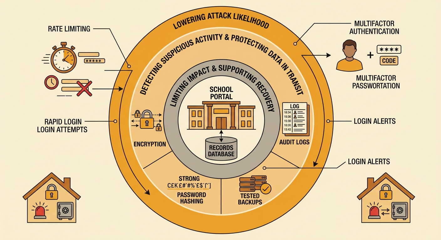 A layered portal defense shows authentication, rate limits, encryption, audit records, and recovery backups.