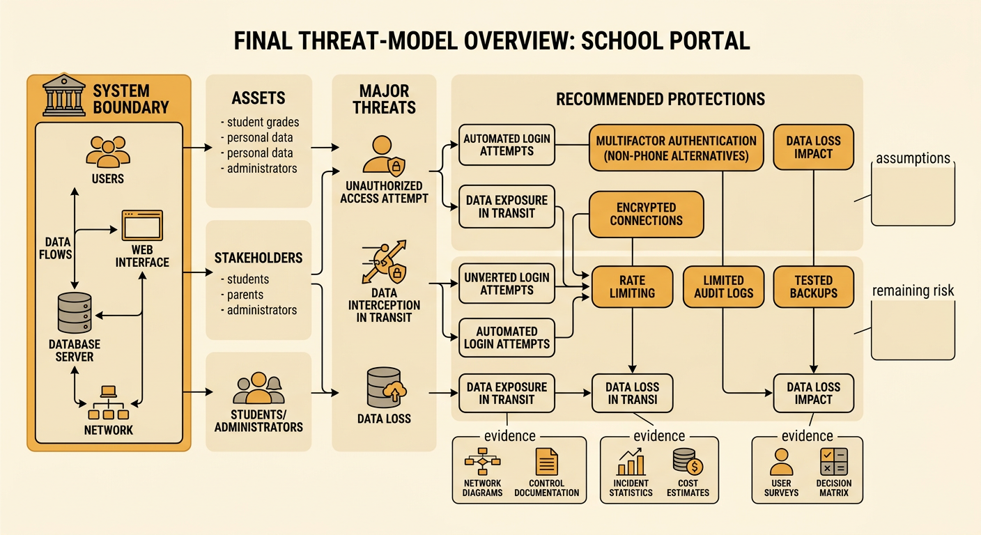 A final threat model board connects selected controls and evidence to assumptions and remaining risk.