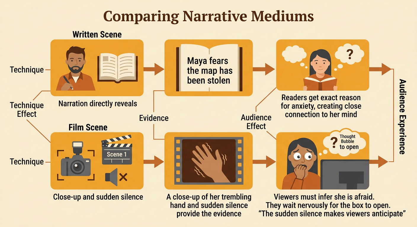 A comparison diagram connects choices in the written and filmed attic scenes to their effects on the audience.