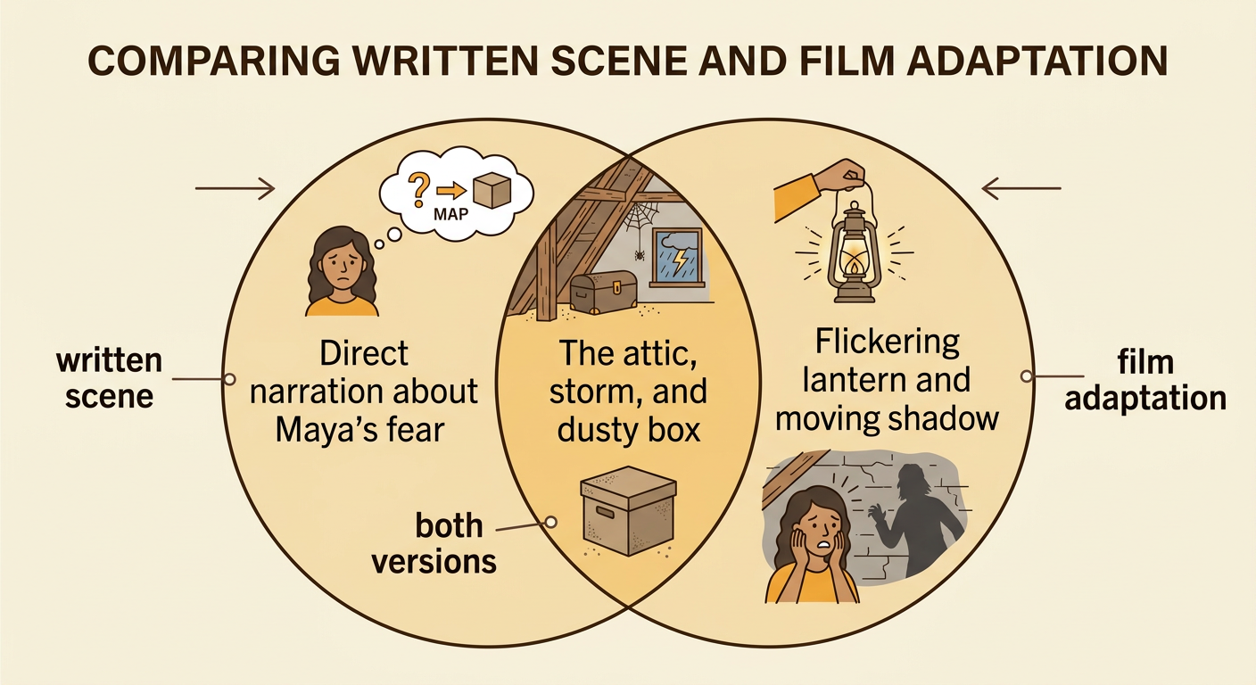 A Venn diagram sorts details from Maya’s written attic scene and its film version.