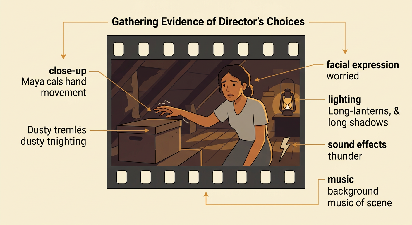 A film frame shows Maya’s worried face and trembling hand near a dusty box under dim attic light.