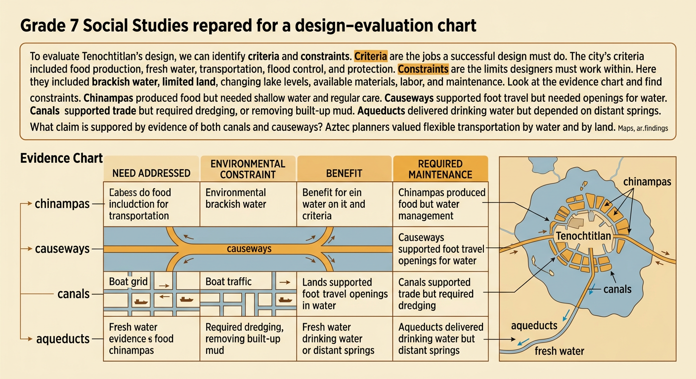 An evidence chart connects the city's criteria and constraints to chinampas, causeways, canals, and aqueducts.