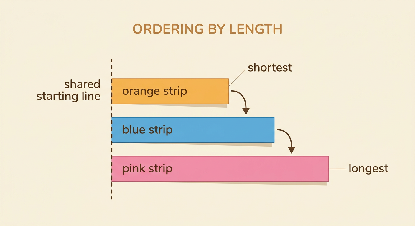 Orange, blue, and pink paper strips begin at one line and end in shortest-to-longest order.