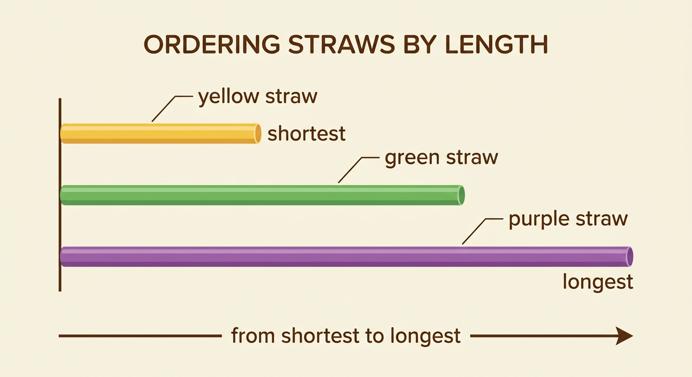 Three straight straws with aligned left ends are arranged as a short yellow straw, medium green straw, and long purple straw.