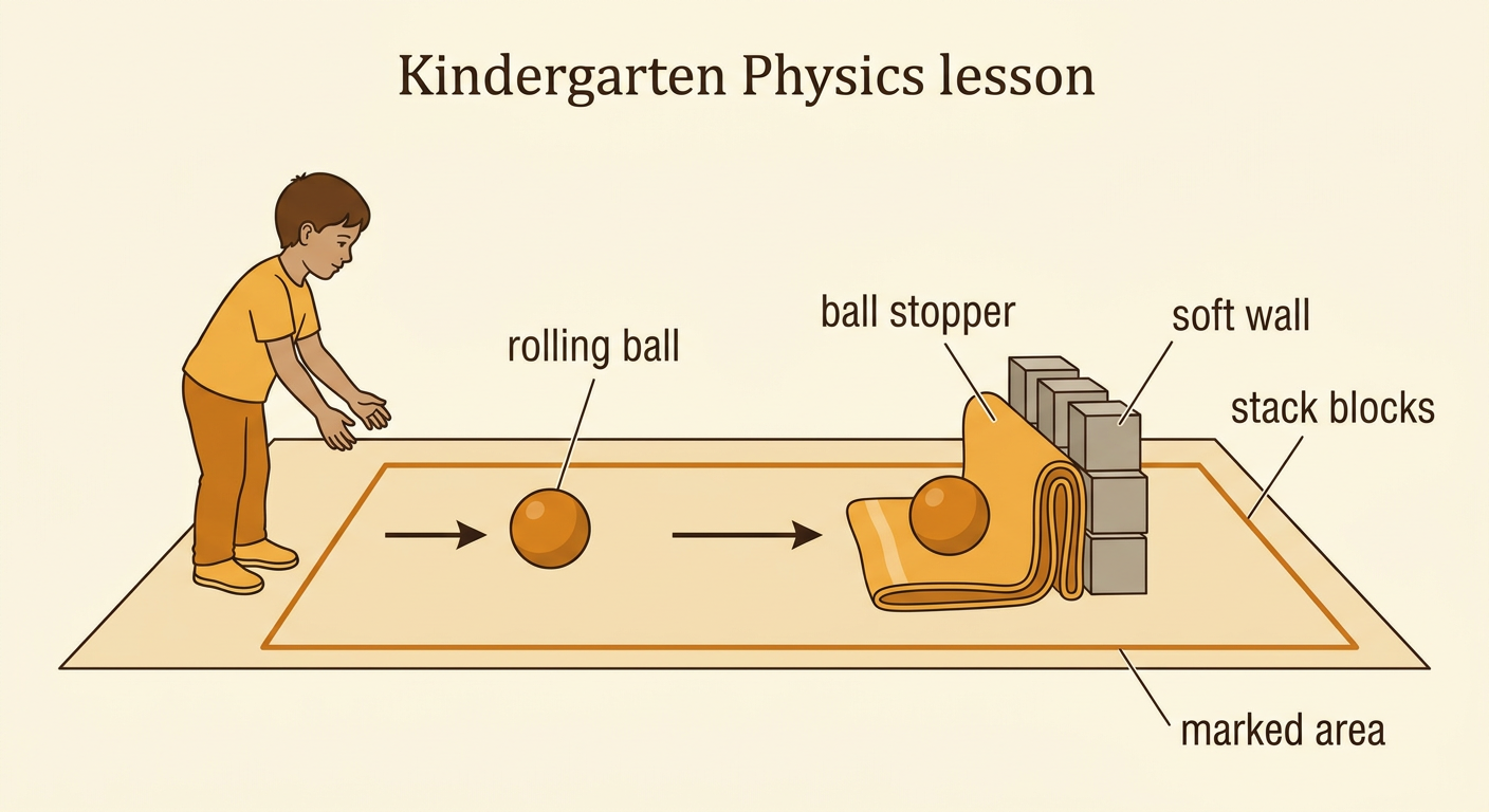 A gently rolling ball approaches a folded towel wall inside a clearly marked testing area.