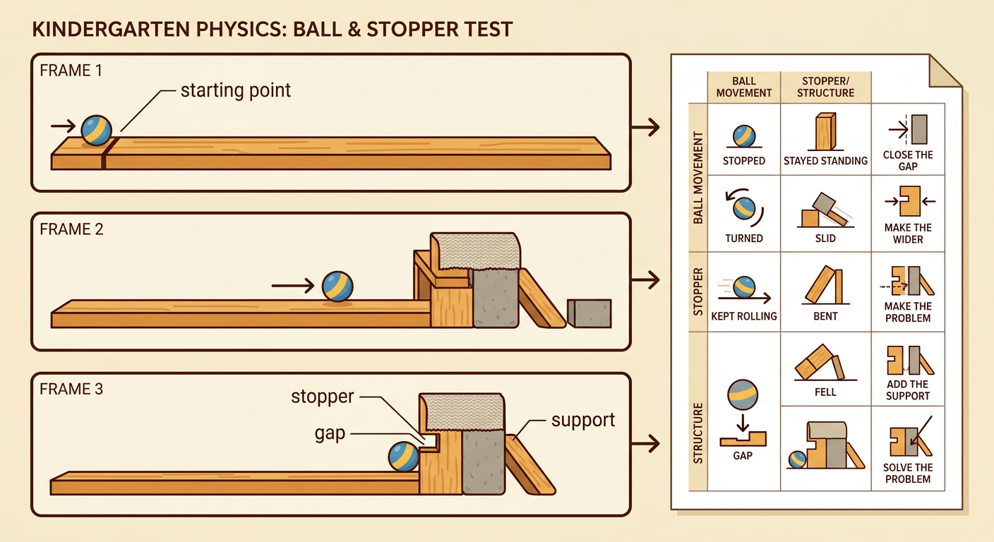 A ball reaches a towel stopper while one small gap and added block support are visible.