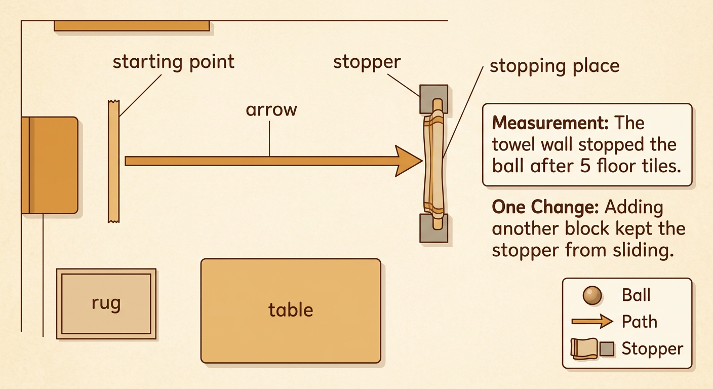 An overhead classroom map shows the ball course, its direction, the stopper, and where the ball stopped.
