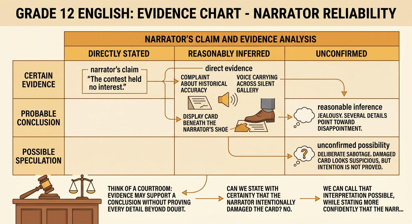 A comparison chart separates the museum narrator’s claim, stated facts, supported inference, and uncertain conclusion.