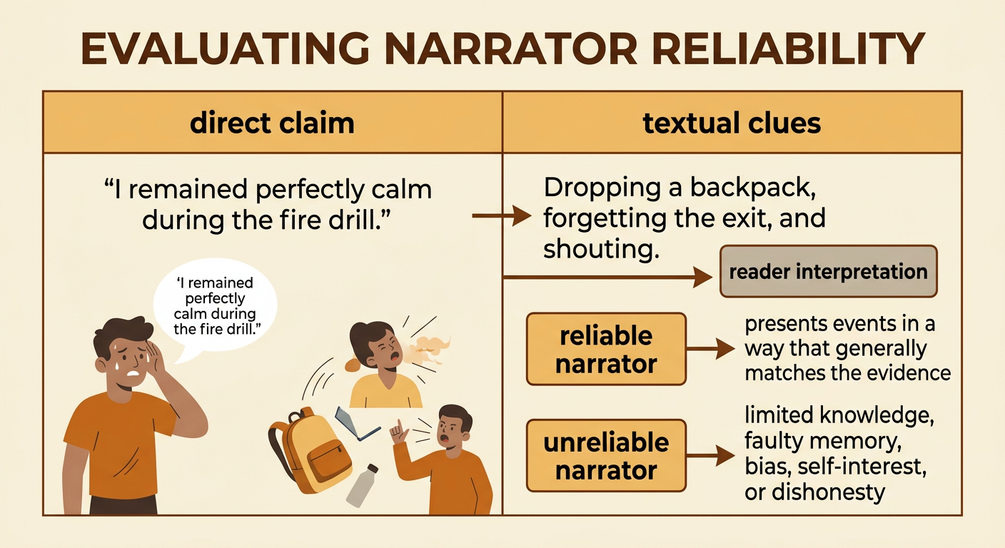 A fire-drill scene contrasts a narrator’s claim of calmness with actions that reveal panic.