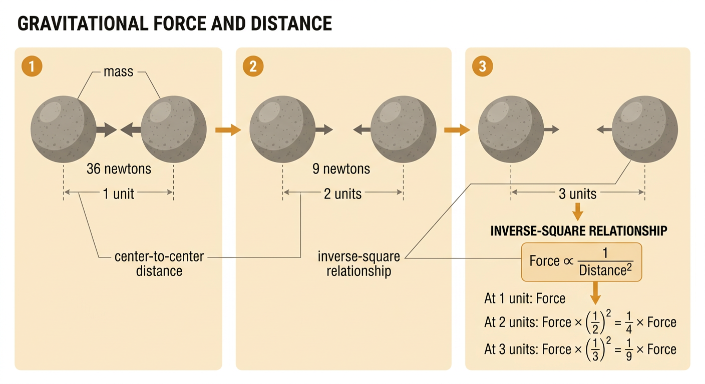 Two pairs of objects show how doubling center-to-center distance reduces gravitational force from 36 newtons to 9 newtons.