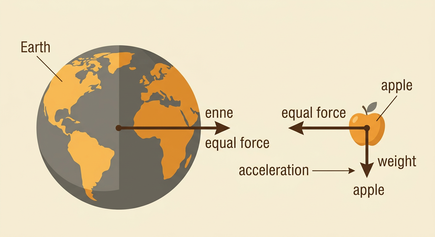 Earth and an apple pull toward each other with equal forces but very different accelerations.