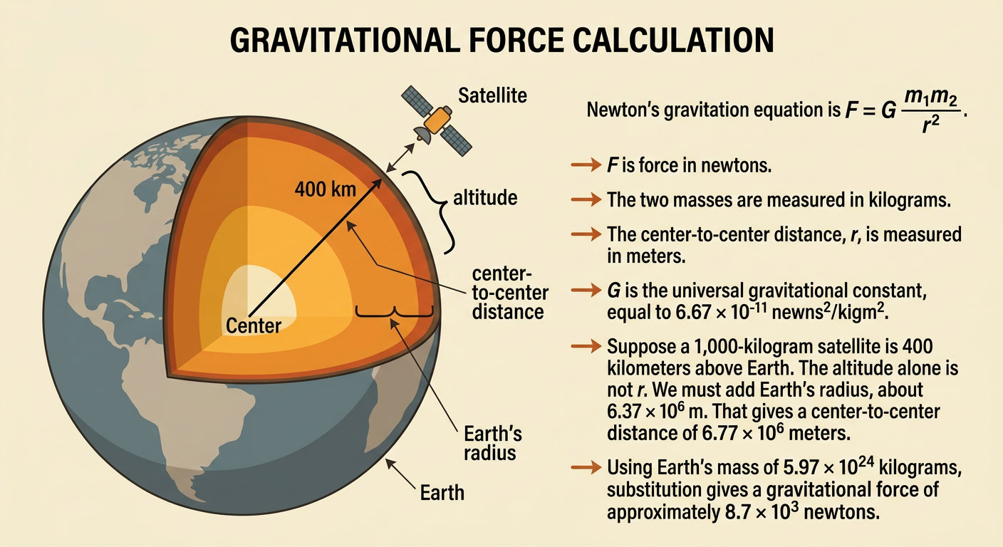 A satellite above Earth is paired with Newton’s equation and the correct center-to-center distance.