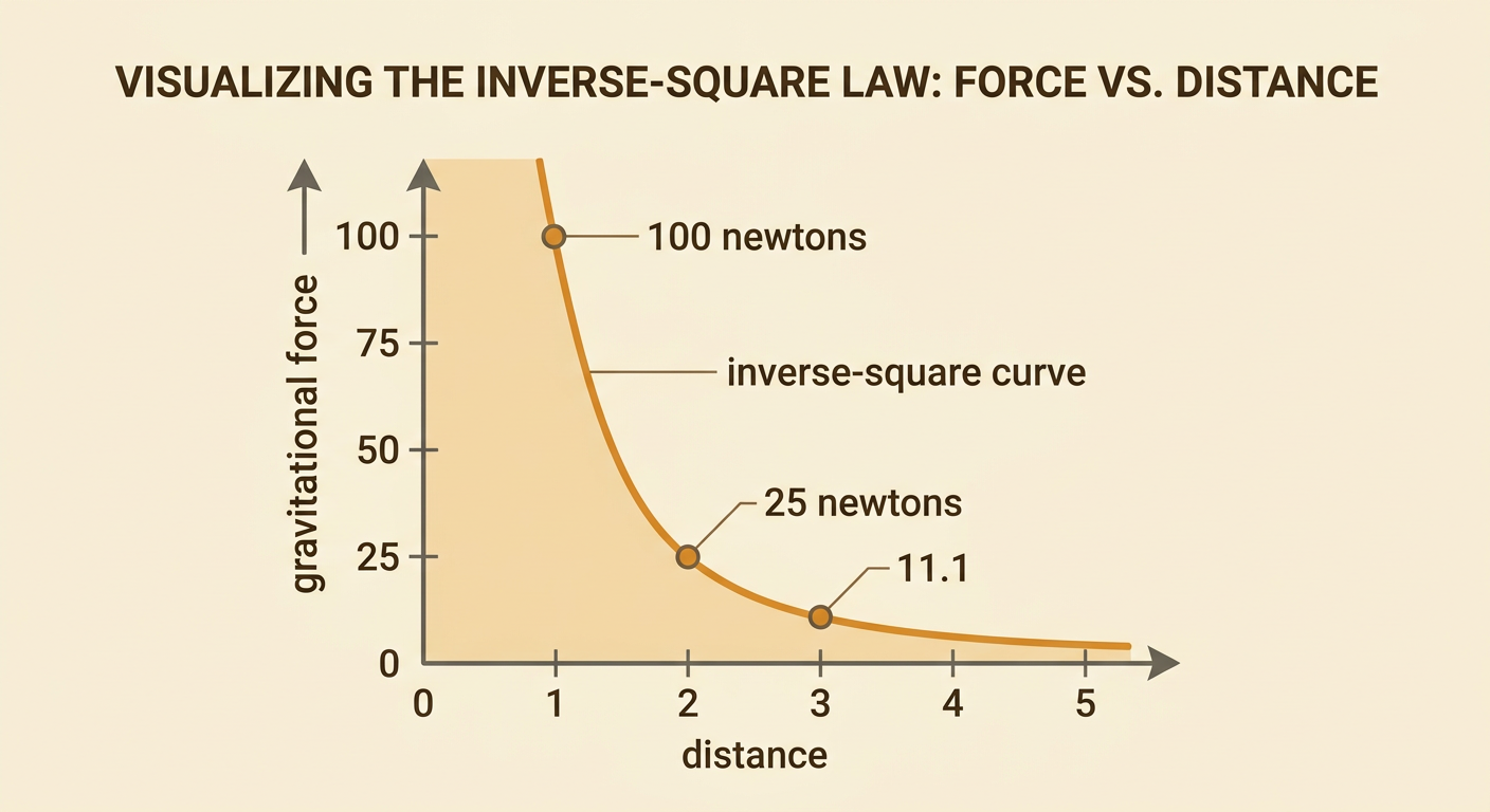 A force-versus-distance graph shows gravitational force dropping along an inverse-square curve.