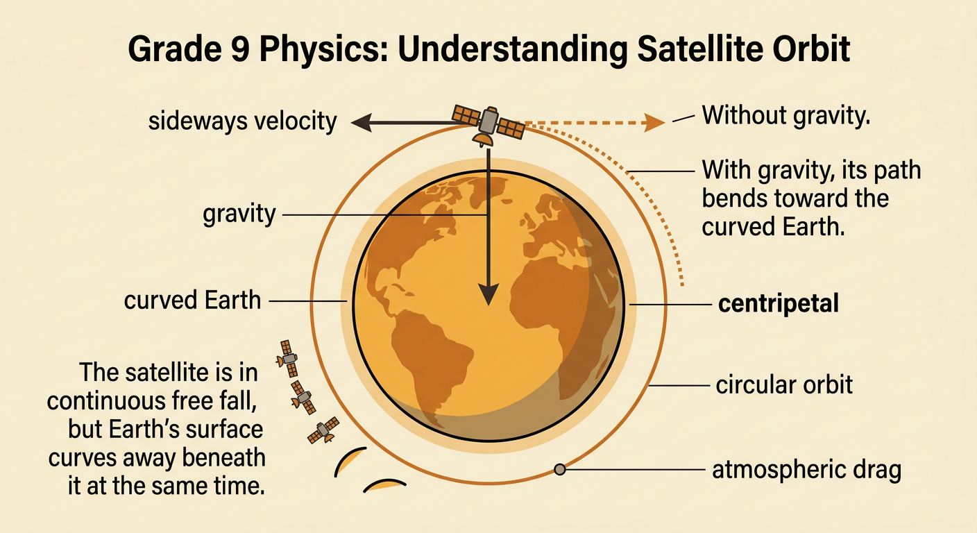 A satellite’s sideways motion and Earth’s gravity combine to create a curved orbital path.