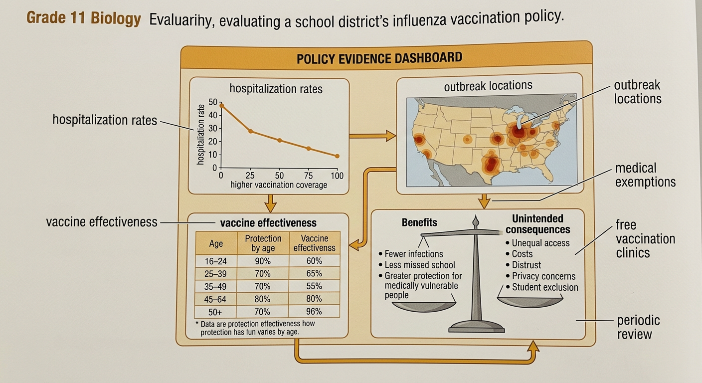 A school policy evidence board connects flu data, possible outcomes, and proposed safeguards.