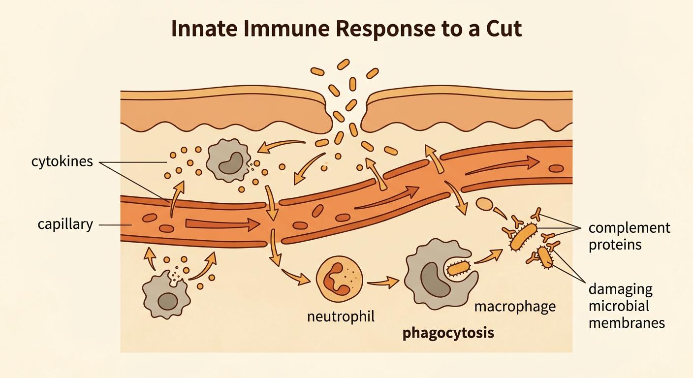 A cut in the skin shows inflammation and innate immune cells attacking invading bacteria.