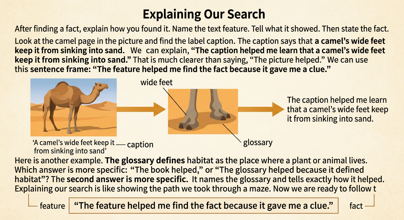 A camel book page pairs a photograph with a caption about wide feet and a glossary definition of habitat.