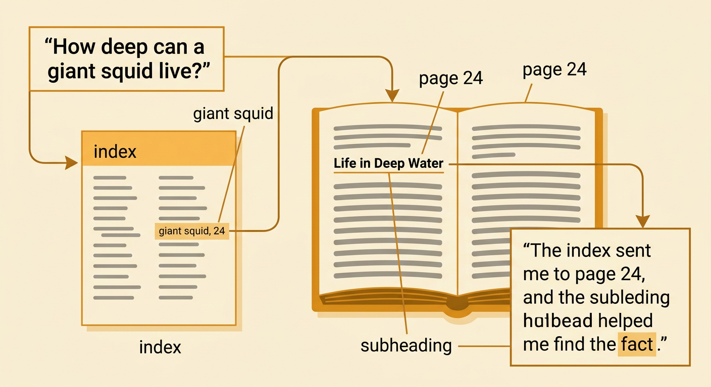 An ocean animal book shows a giant squid index entry leading to page 24 and the correct deep-water subheading.