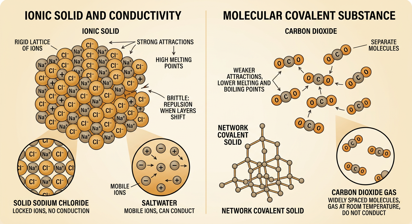 A comparison shows a rigid ionic lattice beside separate carbon dioxide molecules, including fixed and mobile ions.