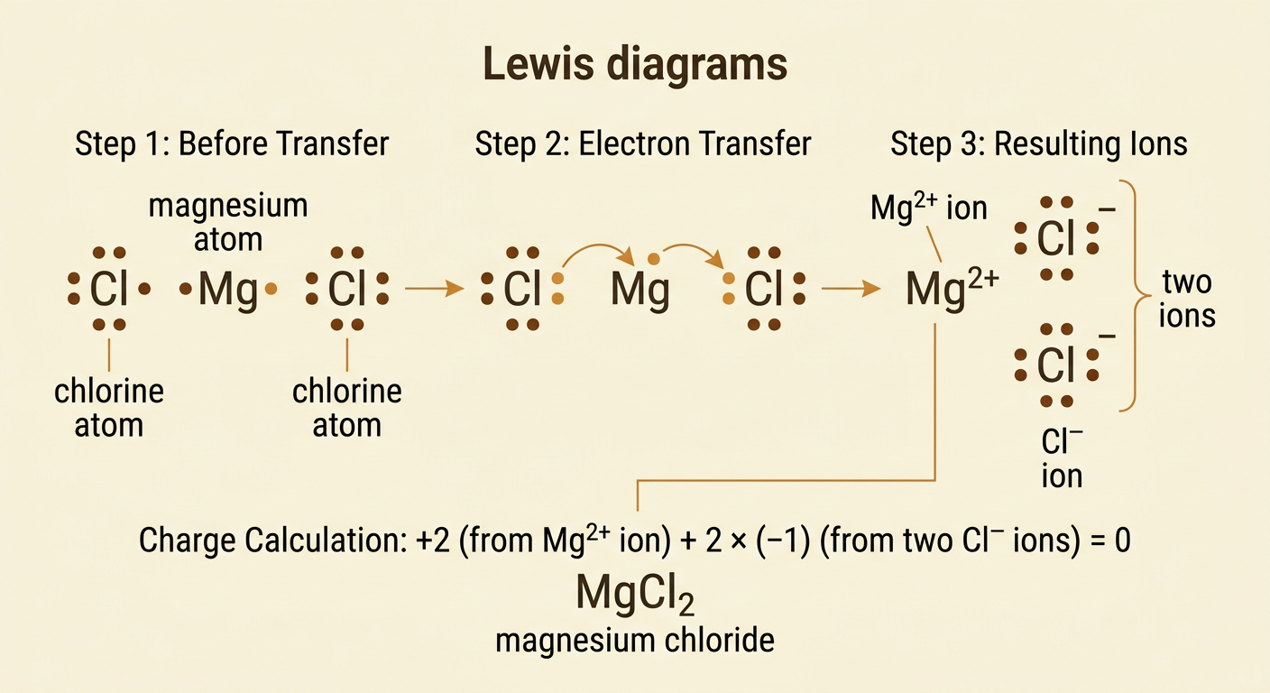 A Lewis model shows magnesium transferring one electron to each of two chlorine atoms to form neutral magnesium chloride.